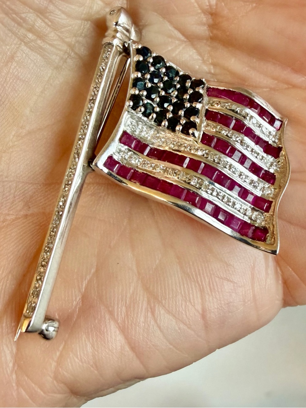 14k gold diamond, sapphire, and ruby American flag